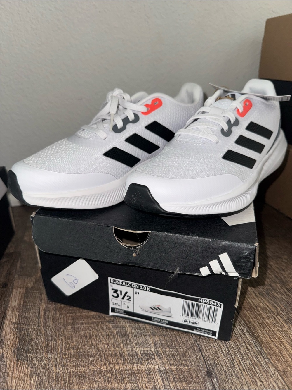 adidas Kids White Sneakers with Black Stripes and Coral Eyelet